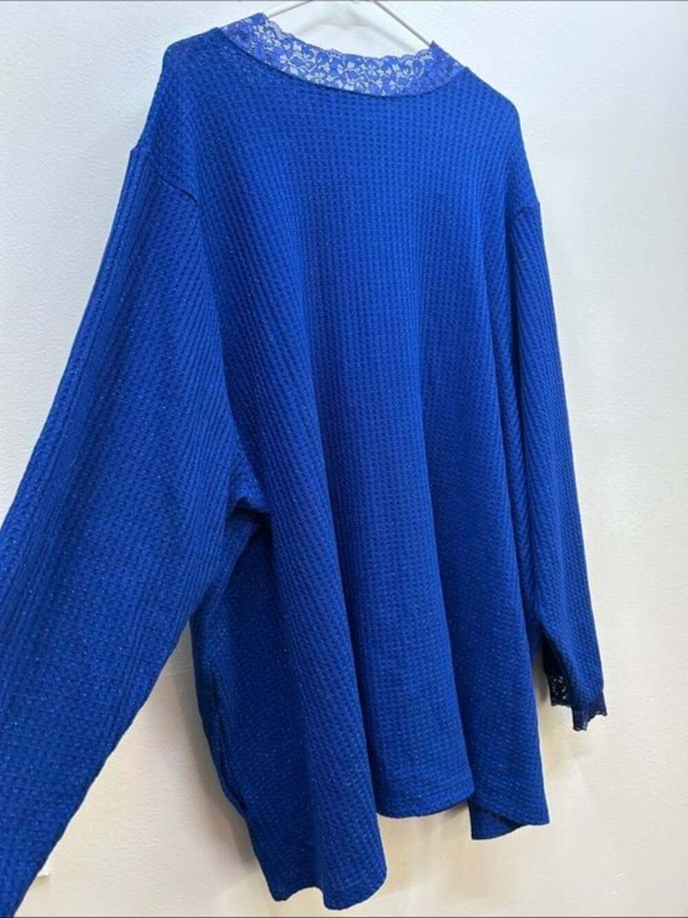 LOGO by Lori Goldstein Lace-Trim Waffle Crewneck Sweater in Sparkly Royal Blue - Picture 9 of 10